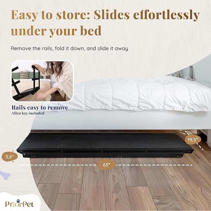 Dog Ramp for Bed with Safety Rails for High Beds up to 37" – Extra Wide 19.5" Adjustable Dog Bed Ramp for Large Dogs up to 200 lbs – Solid Birchwood, Non-Slip Rubber Surface, Foldable Design – Black
