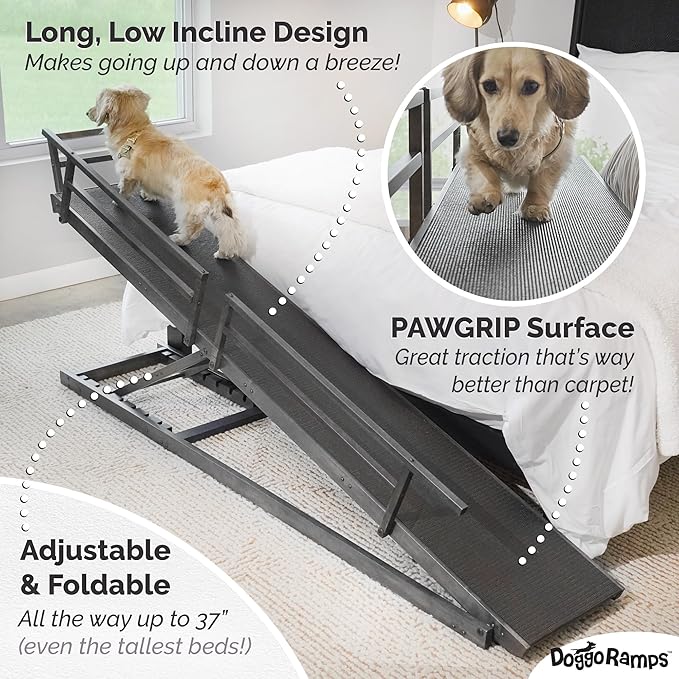 Dog Ramp for Bed, by DoggoRamps – Solid Hardwood Adjustable Dog Ramp for High Beds (up to 37" Tall) with Two-Tier Side Rails & Non-Slip Grip – Small Dog Bed Ramp up to 50lbs – 100% Made in N America