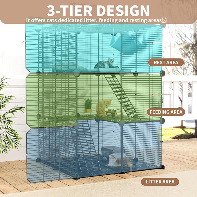 Large Cat Cage Indoor: Enclosed Cat Enclosure DIY Pet Playpen Detachable Metal Wire Kennel Sturdy Crate with Hammock for Cats Kitten