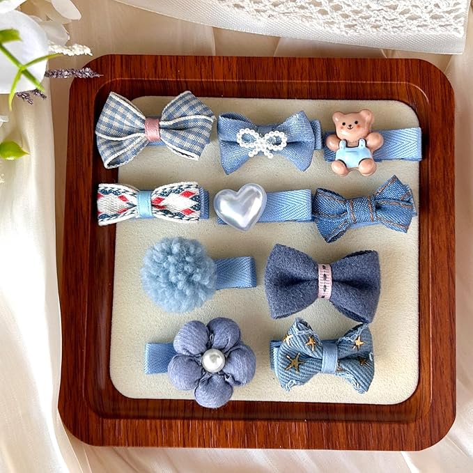 Blue Dog Hair Clips and Rubber Bands Small Dog Bows Denim Cute Pet Grooming Accessories Alligator Clips Stay In Hair Barrettes Flower Bear Hairpin Topknot Headdress Yorkie Puppy Maltese Girls Dogs