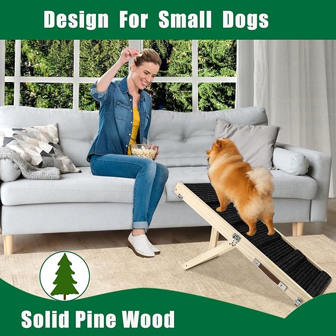 Okydoky Small Dog Ramp, Adjustable Portable Folding Wooden Pet Ramp, 32" Long with Non-Slip Traction Mat, Adjustable from 9" to 17.5", Dog Climbing Ladder for Sofa,Couch,Car(Black) NO.LGPT3