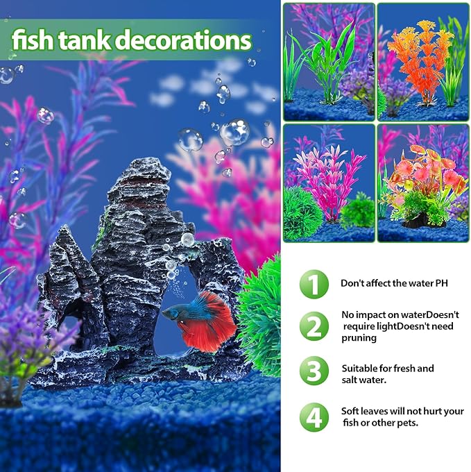 CousDUoBe 13Pcs Aquarium Plants Cave Rock Decor Set& Fish Tank Artificial PlasticPlants,Fish Tank Accessories Small Large Aquarium Decorations Kit