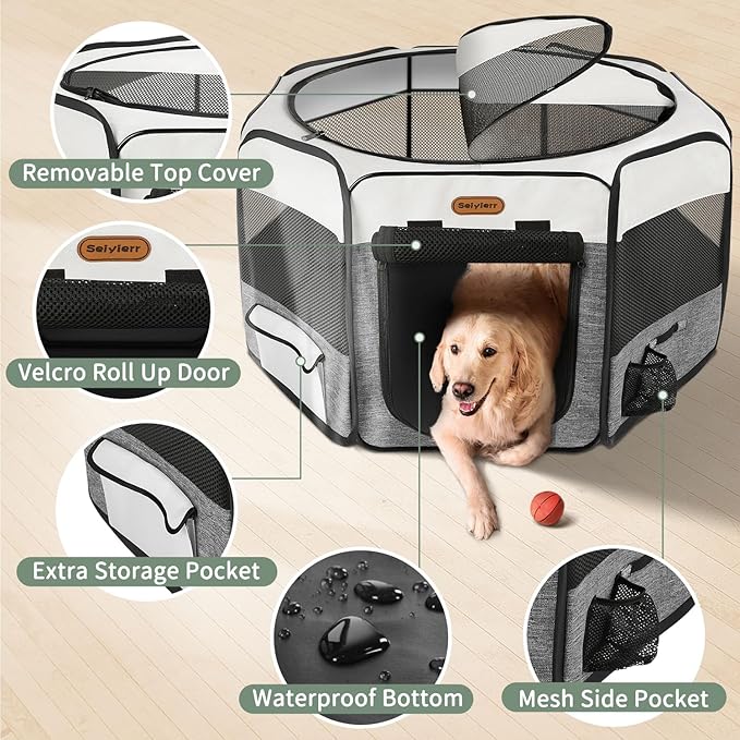 Dog Playpen, Portable Pet Play Pen Foldable Carrying Case, Puppy Pens Outsid for Small Cat Indoor/Outdoor, Removable Mesh Shade Cover