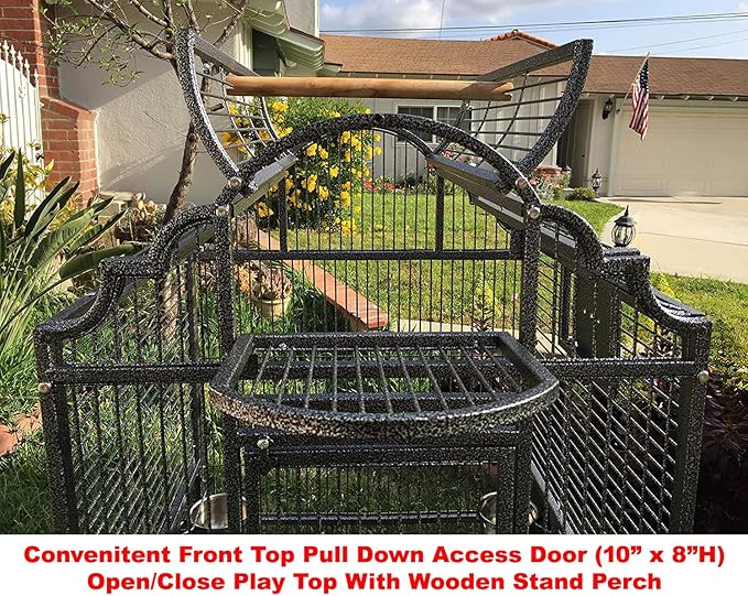Large Elegance and Durable Wrought Iron Open Play Top Stand Bird Parrot Rolling Cage, Include Metal Seed Guard Solid Metal Feeder Nest Door