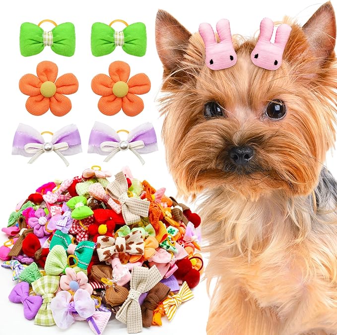 Mruq Small Dog Hair Bows with Rubber Bands, Mix Handmade Cute Puppy Gooming Flower Ball Bows for Holiday Daily Accessories (A339)