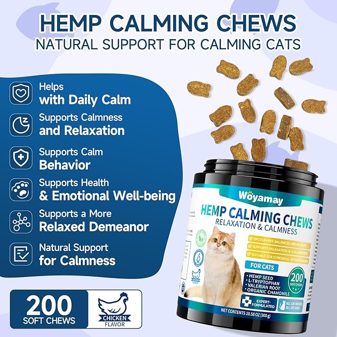 Hemp Cat Calming Treats, 200 Treats Calming Chews for Cats for Anxiety & Stress Relief, Calming Treats for Cats with Hemp Oil, Melatonin Cat Calming Chews for Stress | Sleep | Separation