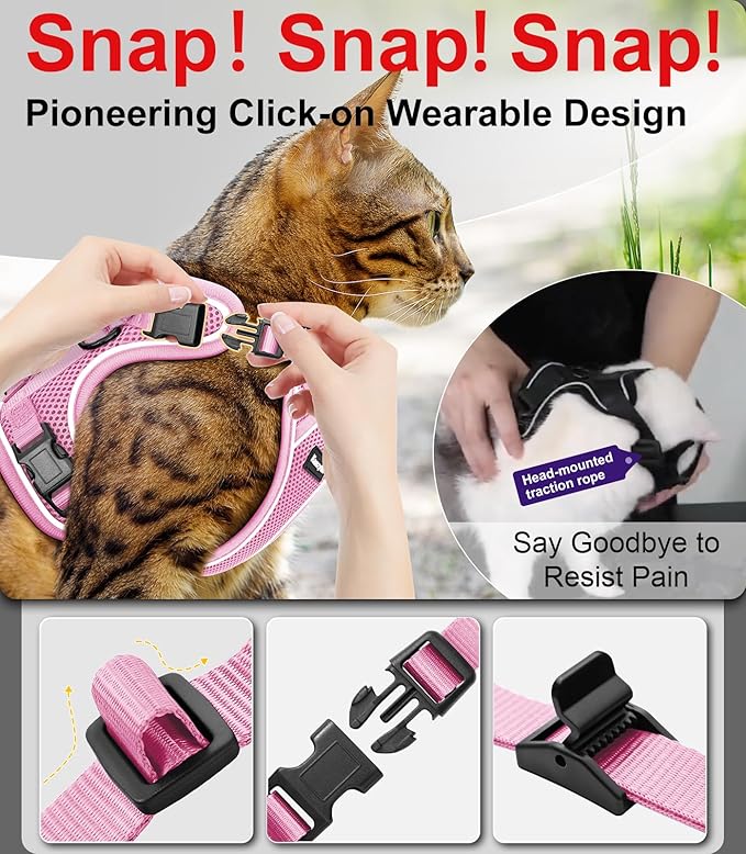 Cat Harness and Leash for Walking Escape Proof Soft Adjustable Cat Leash Breathable Comfortable Vest Easy to Wear Kitten Harness for Outdoor Travel Pink S