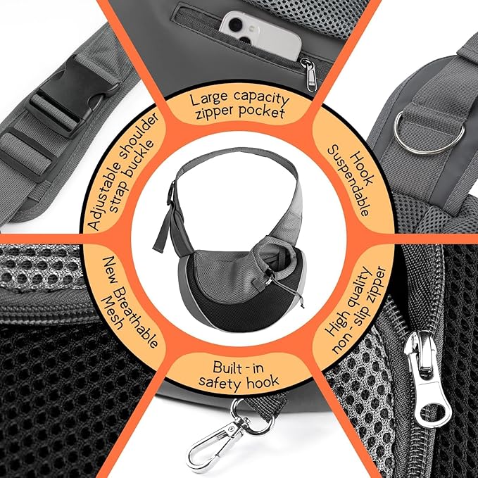 YUDODO Pet Sling Carrier for 5-9 lbs Small Dogs & Cats – Hands-Free Puppy Carrier with Safety Hook, Large Zipper Pocket, Soft Breathable Mesh, Adjustable Strap & Reflective Strip (Black 1.0 M)