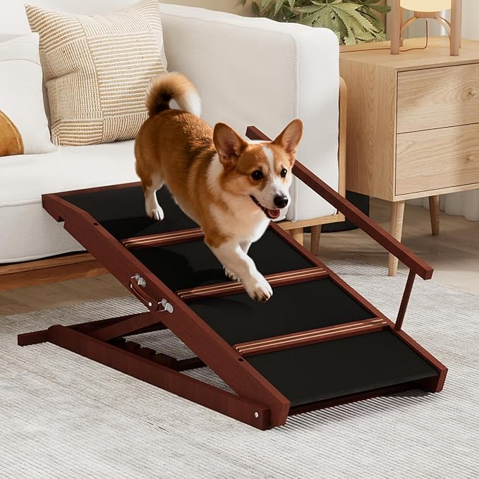Walnut Wooden Dog Ramp for Bed Folding Pet Ramp for Dogs,Including Non Slip Mat & Safety Side Rails Adjustable Dog Bed ramp from to Up to 132 lbs