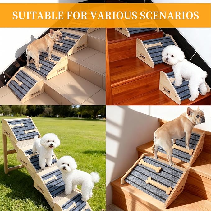 2-Pack Wooden Dog Ramp for Stairs - with Carpet Surfac with Anti-Slip Bone Strips. Small Dogs-Natural Pine Wood Pet Step Ramp&Assist for Senior, Injured Pets, Porch Steps Indoor Use