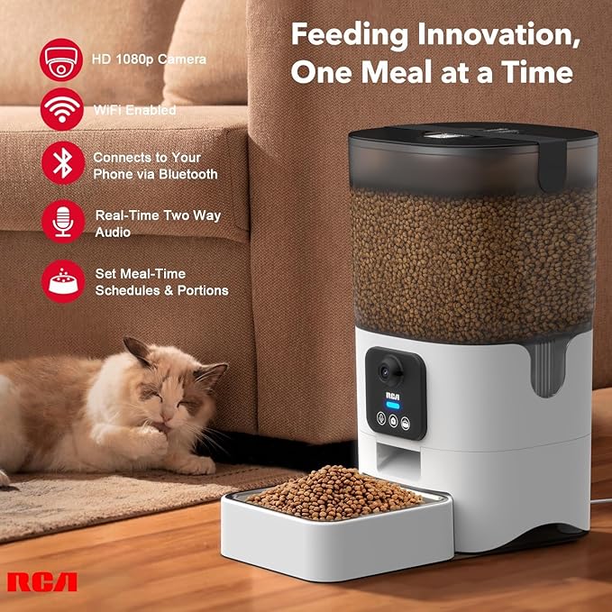 RCA Smart Automatic Pet Feeder with 1080p HD Camera, WiFi App Controlled Cat & Dog Food Dispenser with Two-Way Audio, Motion Detection, Night Vision, Portion Control, Alexa Compatible Feeder