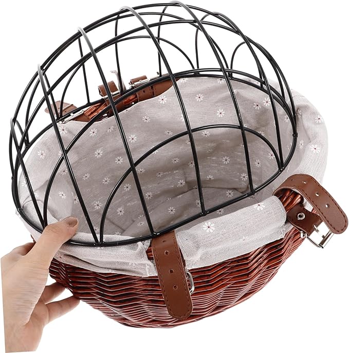 Wicker Dog Bicycle Carrier Detachable Front Bike Basket for Pets Stylish Rattan Storage with Wire Mesh Cover for Shopping and Commuting