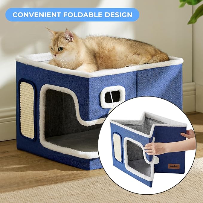 Cat Beds for Indoor Cats - Large Cat House for Pet with Fluffy Ball Hanging and Scratch Pad, Foldable Cat Hideaway,16.5x16.5x13 inches, Green
