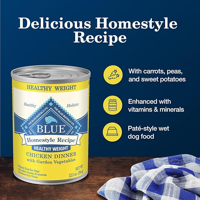 Blue Buffalo Homestyle Recipe Healthy Weight Adult Wet Dog Food, Chicken Dinner With Garden Vegetables, 12.5-oz Can (Pack of 12)