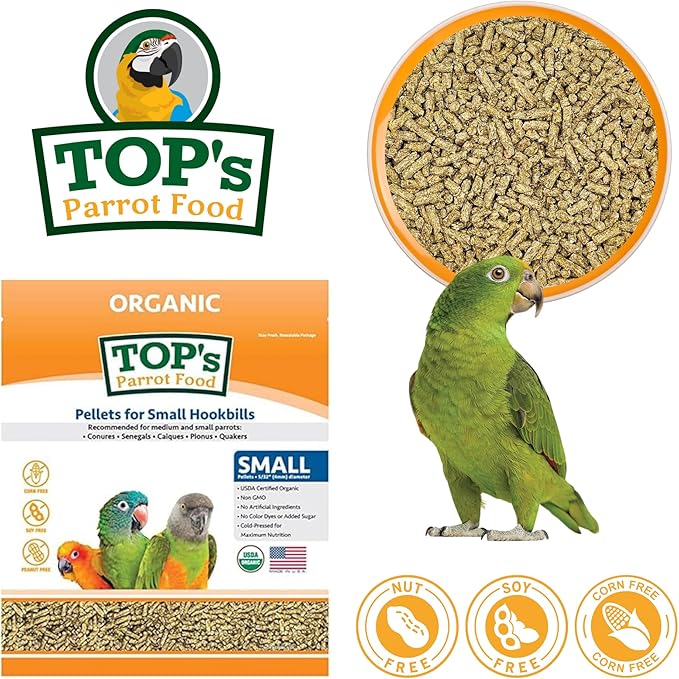 TOP's Parrot Food Bird Pellets for Small Hookbills - Non-GMO, Peanut Soy & Corn Free, USDA Organic Certified (1lb)