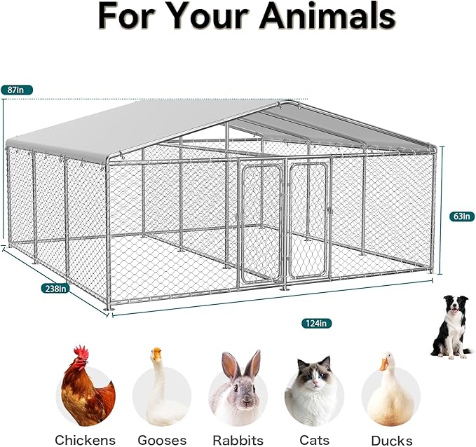 15x15 FT Large Outdoor Dog Kennel – Heavy-Duty Dog Enclosure with Wire Mesh Fence, Lock & Waterproof Cover, Double Doors for Large Dogs