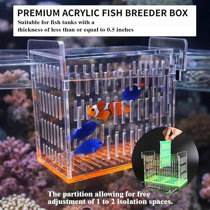 Fish Breeder Box for Aquarium, Acrylic Hatchery Incubator with Long Handle Net - Breeding & Isolation Box for Baby Fish, Shrimp, Betta Guppy, Tank Divider (Orange, 9x5.3x6.7 in)