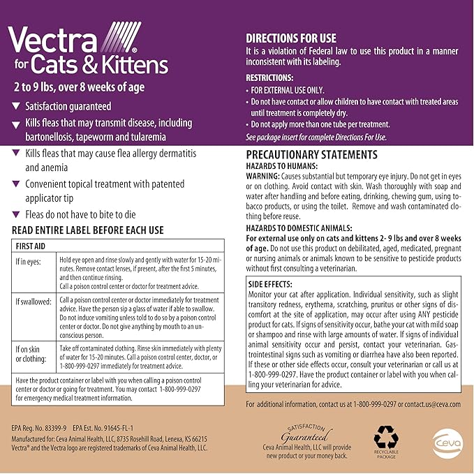 Vectra for Cats & Kittens Flea Treatment & Prevention for Small Cats (2-9 lbs.) 3-Month Supply