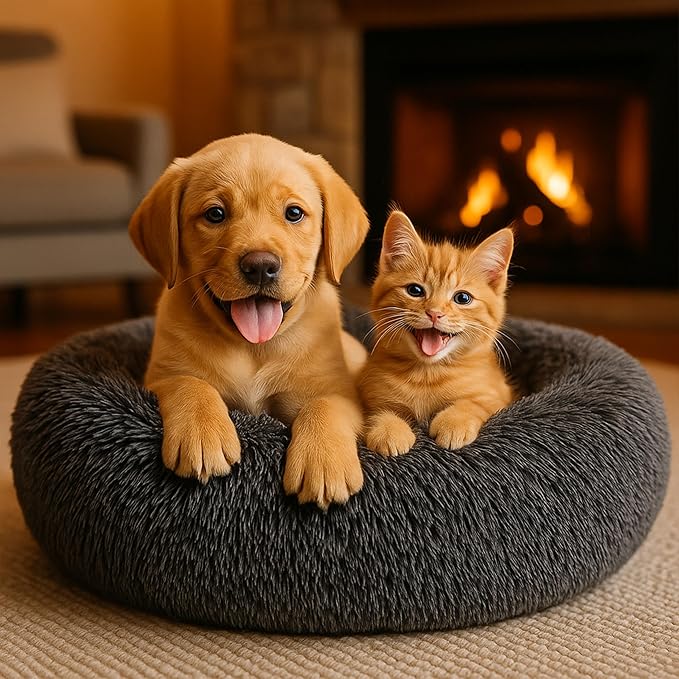 Calming Dog Bed - Fluffy Donut Cuddler for Anxiety Relief, Orthopedic Pet Bed with Non-Slip Bottom, Cozy Round Faux Fur Nest for Dogs and Cats, Plush Crate Mat for Comfort (Dark Grey, X-Large)