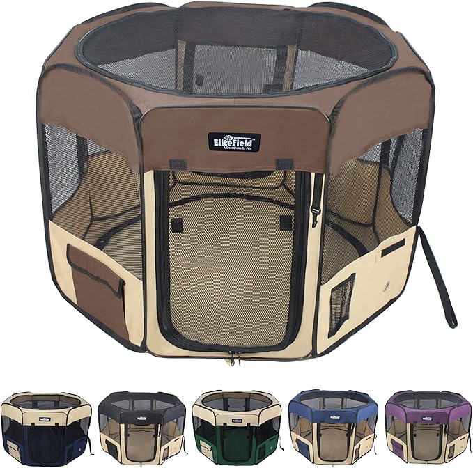 EliteField 2-Door Soft Pet Playpen (2 Year Warranty), Exercise Pen, Multiple Sizes and Colors Available for Dogs, Cats and Other Pets (42" x 42" x 24"H, Brown+Beige)