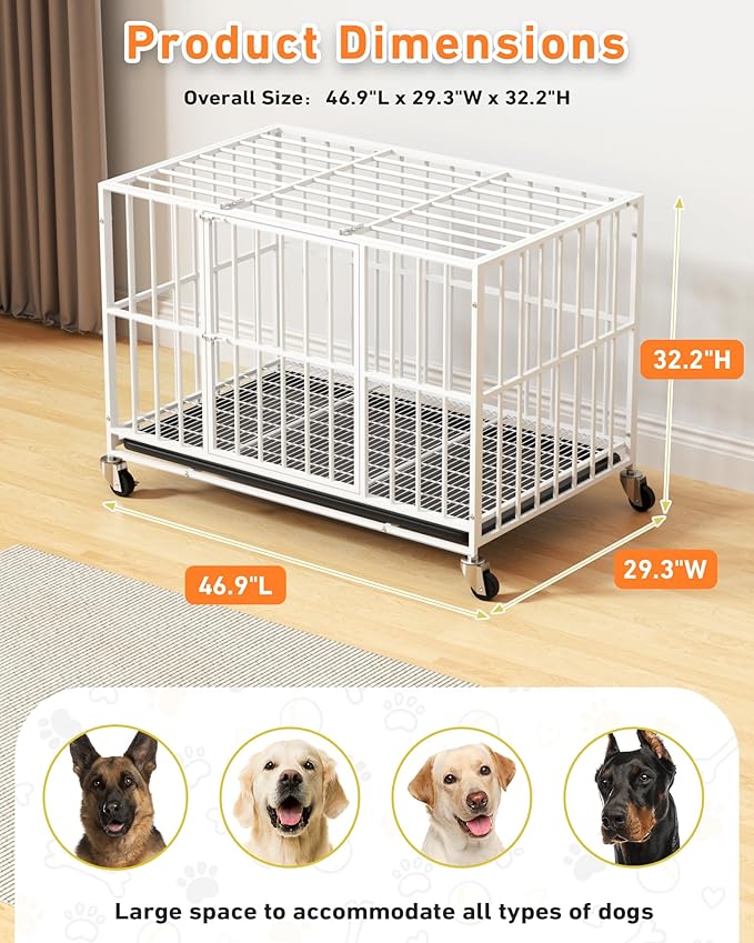 White 48 Inch Heavy Duty Dog Crate with Double Doors and Lockable Wheels, Large Dog Kennel Indoor, Removable Tray for Easy Cleaning, Dog Cage for Medium to Large Breeds and High Anxious Dogs