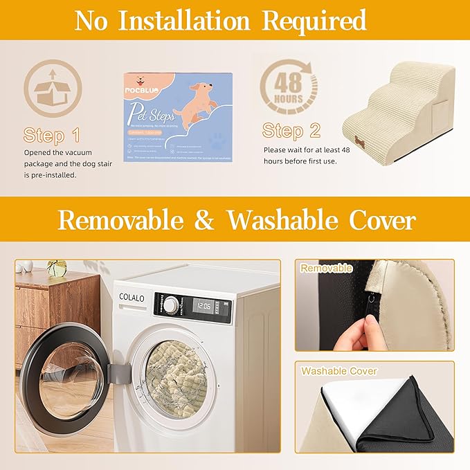 Dog Stairs for Small Dogs, Wide Pet Step with Removable Cover, No Assembly High Density Foam Cat Ramp for Bed or Sofa, 3-Step, Beige