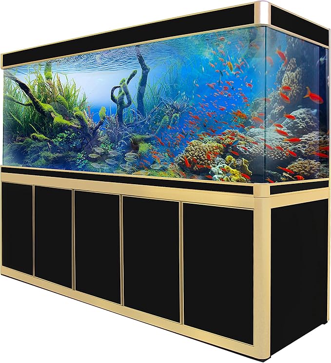 350 Gallon Glass Aquarium with Aluminum Cabinet - Including Sump for Filtration and Circulation, Plumbing, LED, Black with Gold Trim