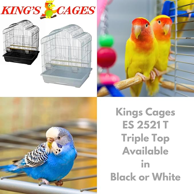 Kings Cages Model ES 2521 T Triple Top Bird Cage 25" x 21" x 30" Powder-Coated Non-Toxic Spacious Cage for Cockatiels Finches Parakeets Canaries and Similar Breeds (Black)