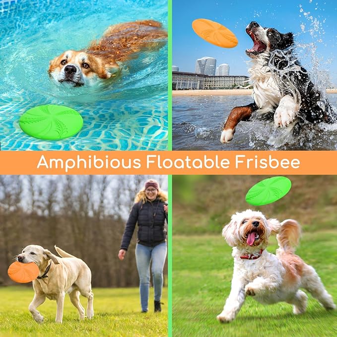Nobleza 2 Pack Dog Flying Disc, 8in Interactive Flyer Dog Toys for Small Medium Large Dogs to Fetch, Durable Outdoor Dog Disc Toy for Long-Distance Flies and Floats on Water, Orange & Green