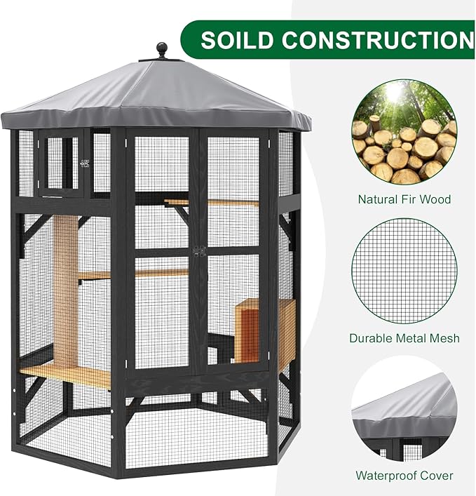Catio Outdoor Cat Enclosure, Indoor Cat Enclosure with Window Access, Wooden Outdoor Cat Catio with Waterproof Cover, Cat House & Platform for Multiple Cats, Black