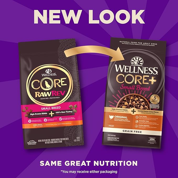 Wellness CORE+ Small Breed Adult Dry Dog Food with Freeze Dried Pieces, Grain Free Kibble+, Natural, High Protein, Turkey and Chicken Recipe, 10 lb Bag