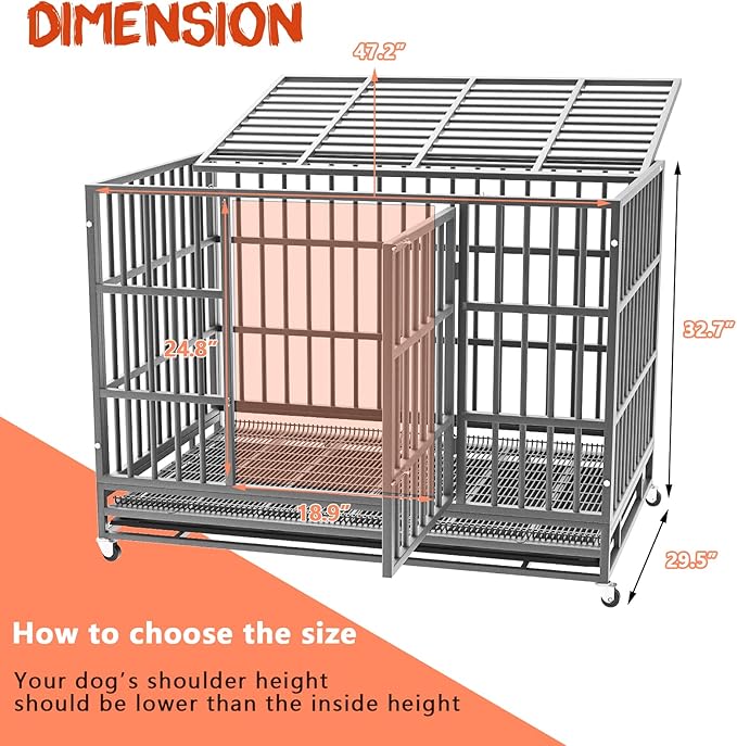 LEMBERI 48/42/38 Inch Heavy Duty Indestructible Dog Crate, Escape Proof Double Door Dog Kennel with Lockable Wheels, High Anxiety Extra Large Dog Cage Indoor Use, with Removable Tray