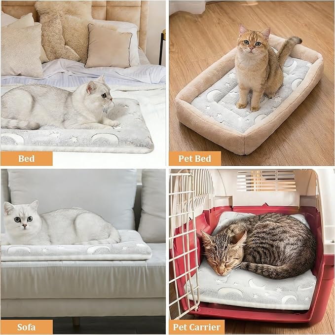 2-Pack Extra Large Self Warming Cat Bed Mat - 45x60cm (18"x24") Ultra Thick 5cm Thermal Pet Pad with Dual-Sided Design, Machine Washable for Indoor Outdoor Cats & Puppy Use Grey Stars Moon