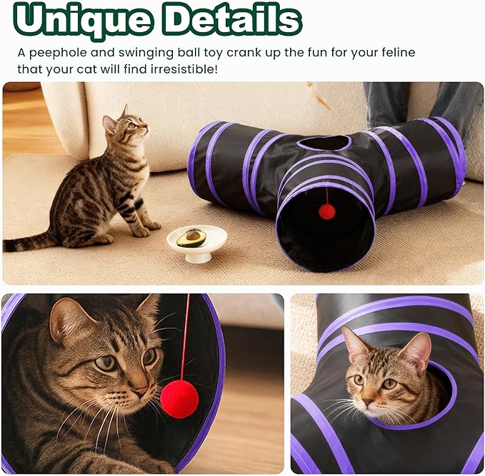 Love’s Cabin Cat Tunnel for Indoor Cats, 3-Way Collapsible Play Tunnel with Teaser Wand, Peek Holes & Toy Ball, Small Pet Toy for Kittens & Rabbits, Black & Purple, Small Size