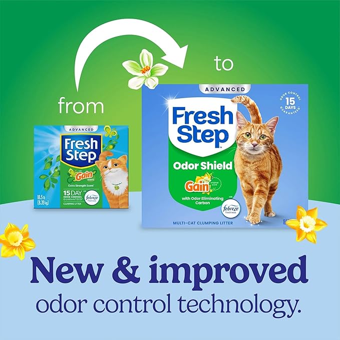 Fresh Step Odor Shield Advanced Multi Cat Clumping Litter with Febreze Freshness, Gain Original Scent, 18.5 lb Each, Pack of 2 (Package May Vary)
