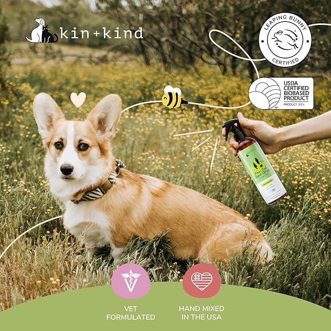 kin+kind Plant Based Flea Spray for Dogs and Cats – Essential Oil Formula with Lemongrass – Flea and Tick Prevention for Cats, Kittens, Puppies & Dogs - Pet Supplies - Family Safe – 12 fl oz