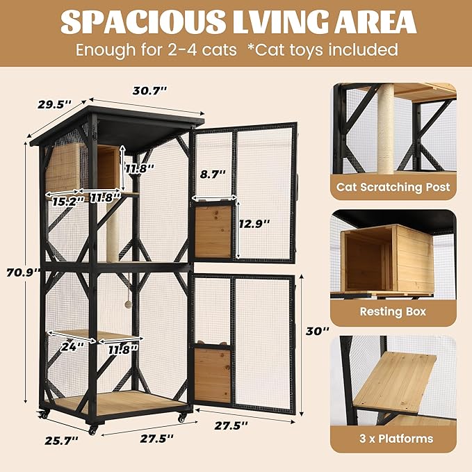 TITIMO 71" Catio Cat Enclosure Window, Large Outdoor/Indoor Cat House for Multiple Cats, Wooden Kitty Condo W/Waterproof Roof, Platforms, Resting Box, Scratching Post, Sisal Ball, Wheels (Black)