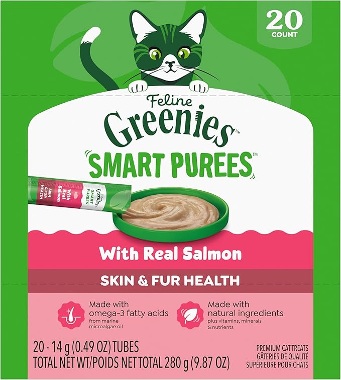 Greenies Feline Smart Purees Skin & Fur Health Lickable Cat Treats with Real Salmon, 0.49 oz. Tubes, 20 Count