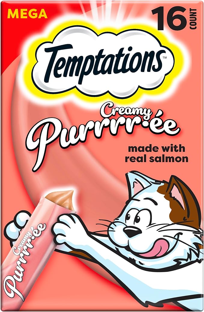 Temptations Creamy Puree Squeezable Lickable Cat Treats, Wet Cat Treats with Salmon, 0.42 oz. Tubes, 16 Count