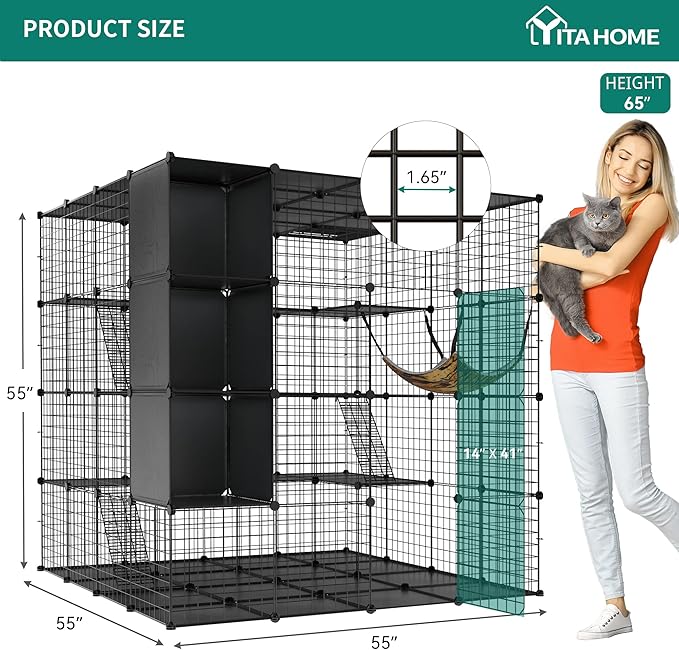 YITAHOME Large Cat Cage with Storage Cube DIY Indoor Catio Cats Enclosures Metal Cat Playpen with Large Hammock for 1-4 Kittens 4 Tiers Cat Kennel