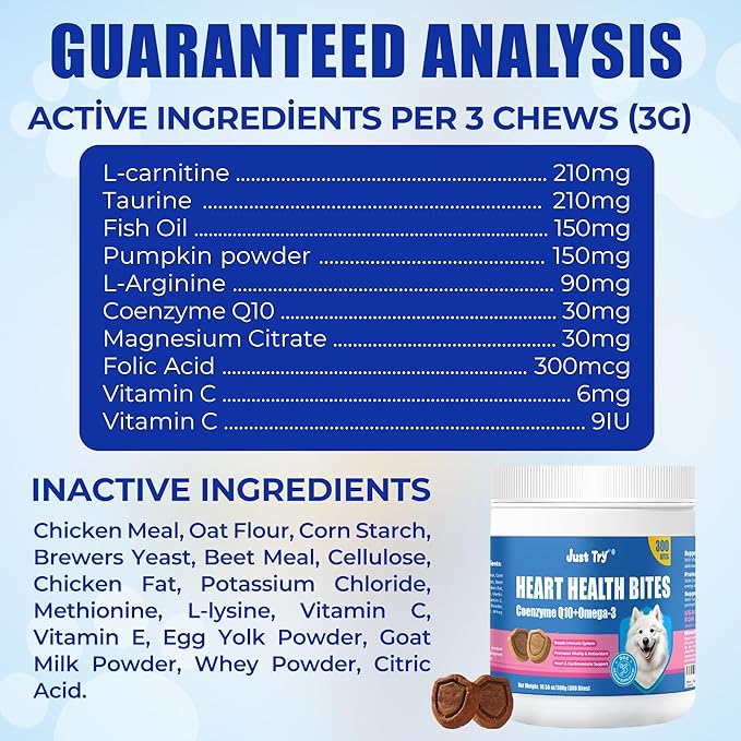Just Try Coenzyme Q10 Heart Healthy Bites for Dogs, Advanced CoQ10 and Taurine Supplement, Chicken Flavored Soft Chews, Supports Heart Function, 300 Count