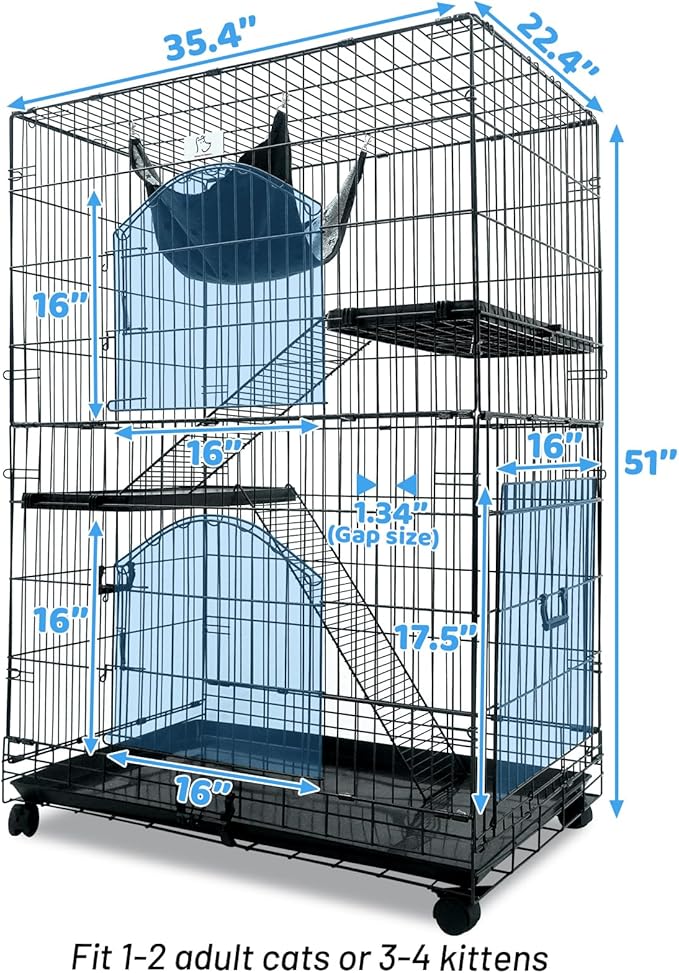 Homey Pet 51 Inch Cat Cages Indoor, 3-Tier Cat Crates for Indoor Cats, Collapsible Metal Wire Large Cat Kennel Big Multi-Level Kitten Crate with Wide Side Door, Plastic Platform, Ramp, 360° Wheel