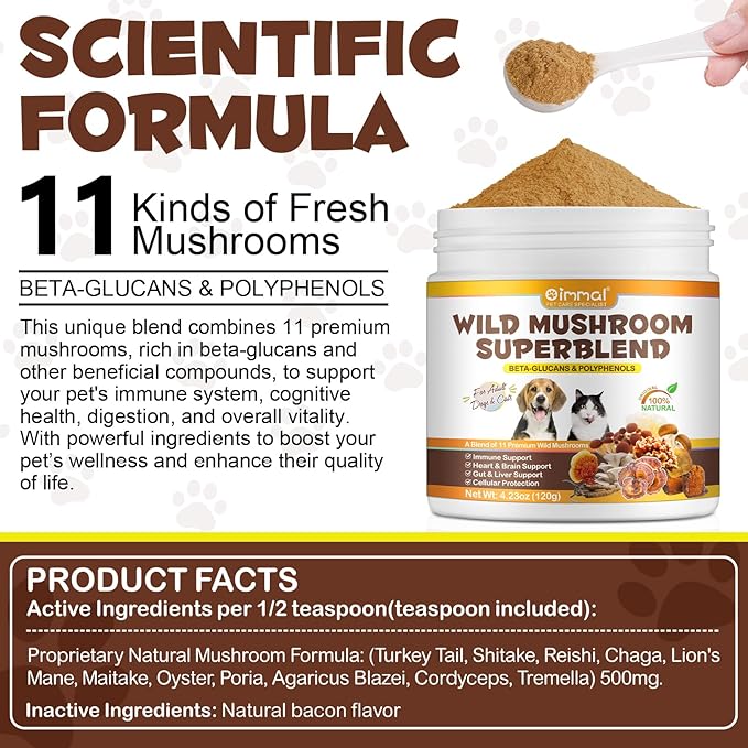 Mushroom Powder for Dogs & Cats, Natural Pet Supplement Mushroom Powder Support Immune, Heart, Brain & Liver with Turkey Tail, Reishi, Lion's Mane for Cellular Protection, Bacon Flavor - 4.23 oz(120g)