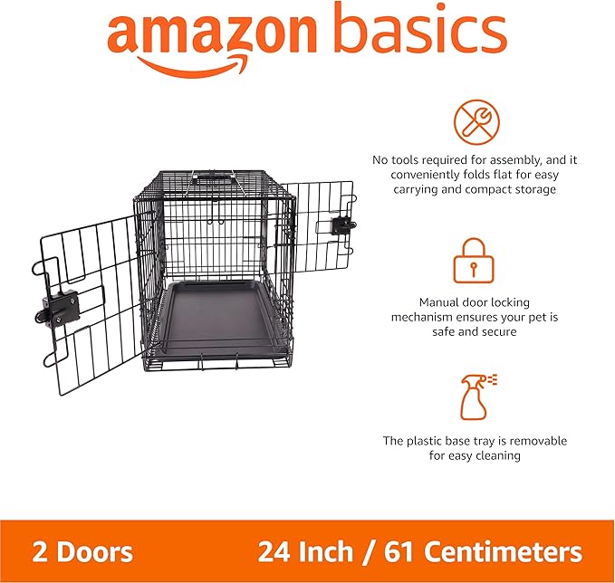 Amazon Basics - Durable,Foldable Metal Wire Dog Crate with Tray, Double Door, Divider, 24 x 18 x 20 in, Black
