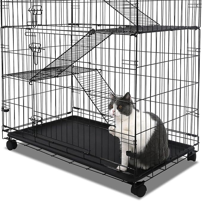 Homey Pet 51 Inch Cat Cages Indoor, Large 4-Tier Cat Crates for Indoor Cats, Collapsible Metal Wire Cat Enclosures Big Kennel for Adult Cats Kitten Kitty with Hammock, Ladders, 360° Wheels