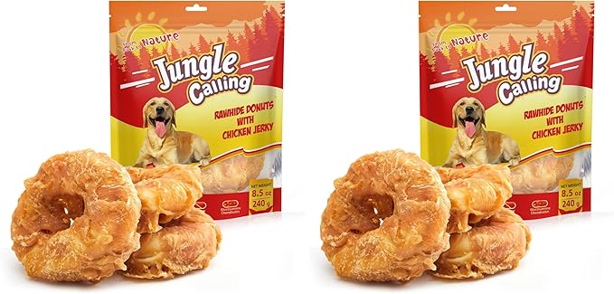 Jungle Calling Dog Treats Long Lasting, Rawhide Chews for Dogs, Chicken Wrapped Rawhide Donuts, Chewy Snacks for Medium Large Dogs (Pack of 2)