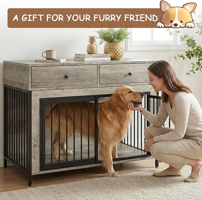 PUKAMI 44inch Large Dog Crate Furniture with Drawers, Wooden Dog Kennel Furniture for Indoor use, Grey End Table Dog House, for Small/Medium/Large Dog