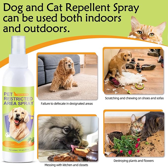 Cat Deterrent Spray for Peeing, Effective Dog Deterrent Spray for Furniture, Pee Corrector Spray, Training Spray for Furniture, Indoor & Outdoor Safe for Pet & Human, 4 oz / 120 mL