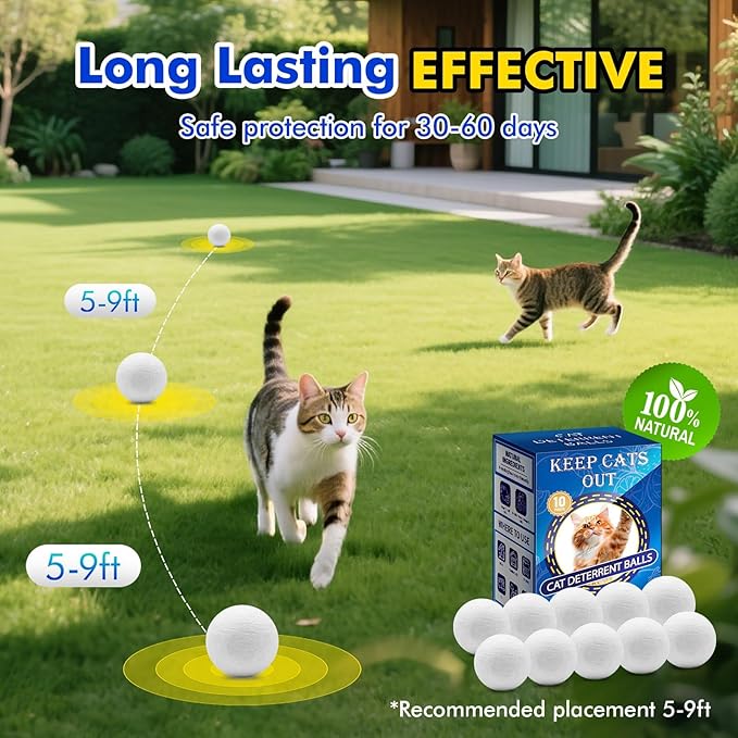 Cat Deterrent Outdoor & Indoor: 10Pack 100% Natural Cat Repellent Essential Oils Ball, Keep Cats Off Lawn, Yard, Plants, Garden, Mulch & Flower Permanently Against Scratch Chew, Keep Cats Away (10Pcs)