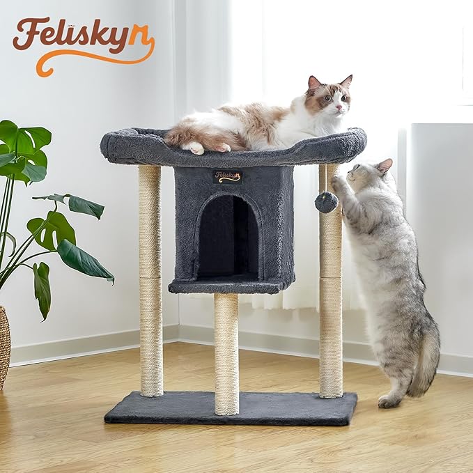 Cat Tree Tower Scratching Post for Indoor Large Cats, Small Cat Tree with Big Perch Bed, 28in Tall Trees House with Condo Cave, Toy Balls, Modern Climbing Furniture Platform for Kitten (Dark Gray)